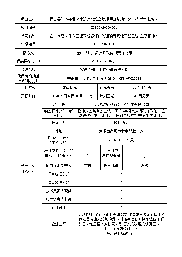 DBSGC-2020-001霍山縣經(jīng)濟開發(fā)區(qū)建筑垃圾綜合處理項目場地平整工程(重新招標(biāo)）中標(biāo)候選人公示
