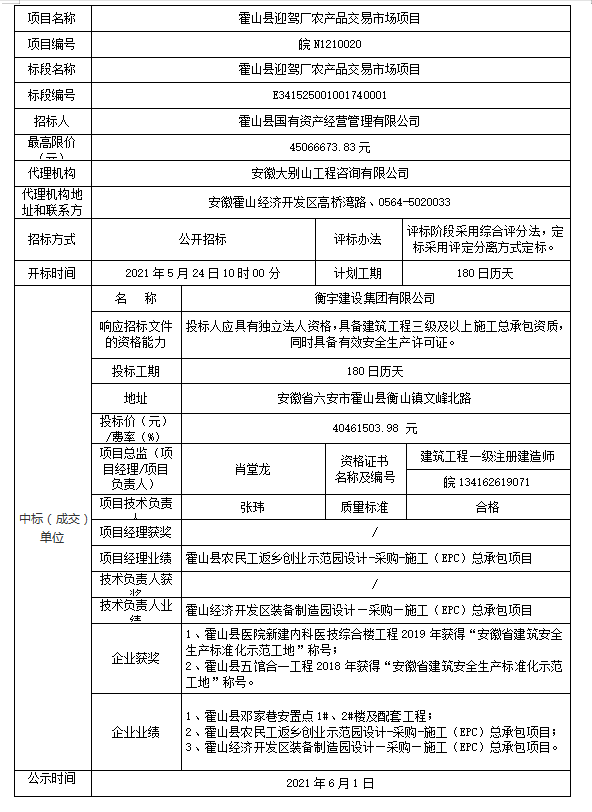 皖N1210020 霍山縣迎駕廠農產品交易市場項目中標結果公示