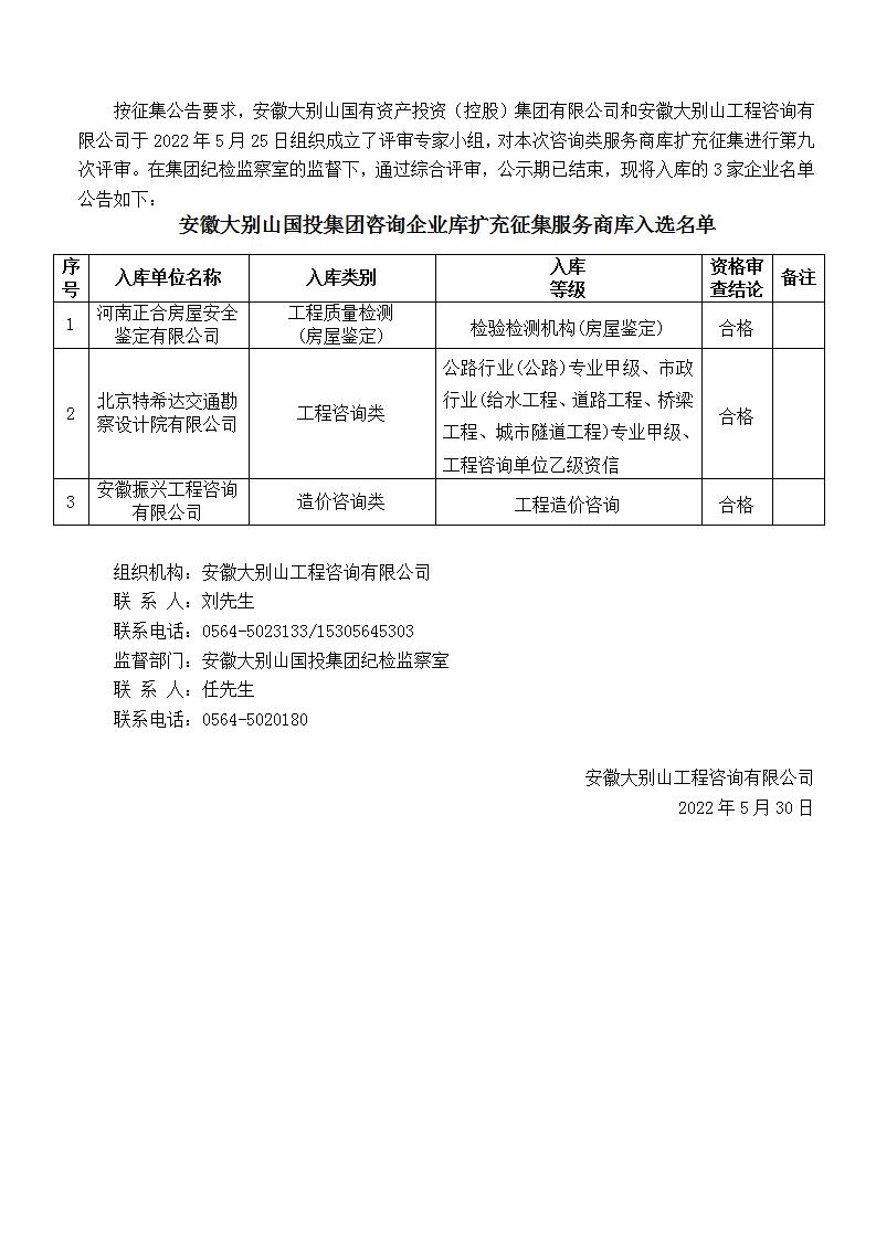 DBSCG-2021-091安徽大別山國(guó)投集團(tuán)咨詢(xún)企業(yè)庫(kù)擴(kuò)充征集服務(wù)商庫(kù)入選名單公告（九）